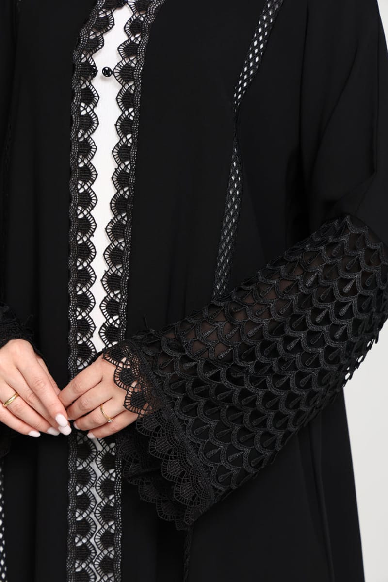 Black Open Abaya with Lace Sleeves & Front Panel Msquare Fashion - Women's Abayas 5