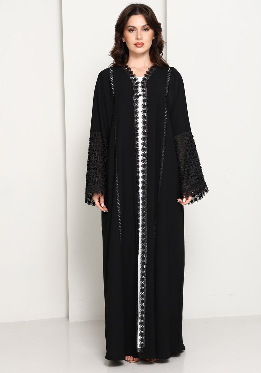 Black Open Abaya with Lace Sleeves & Front Panel Msquare Fashion - Women's Abayas 11