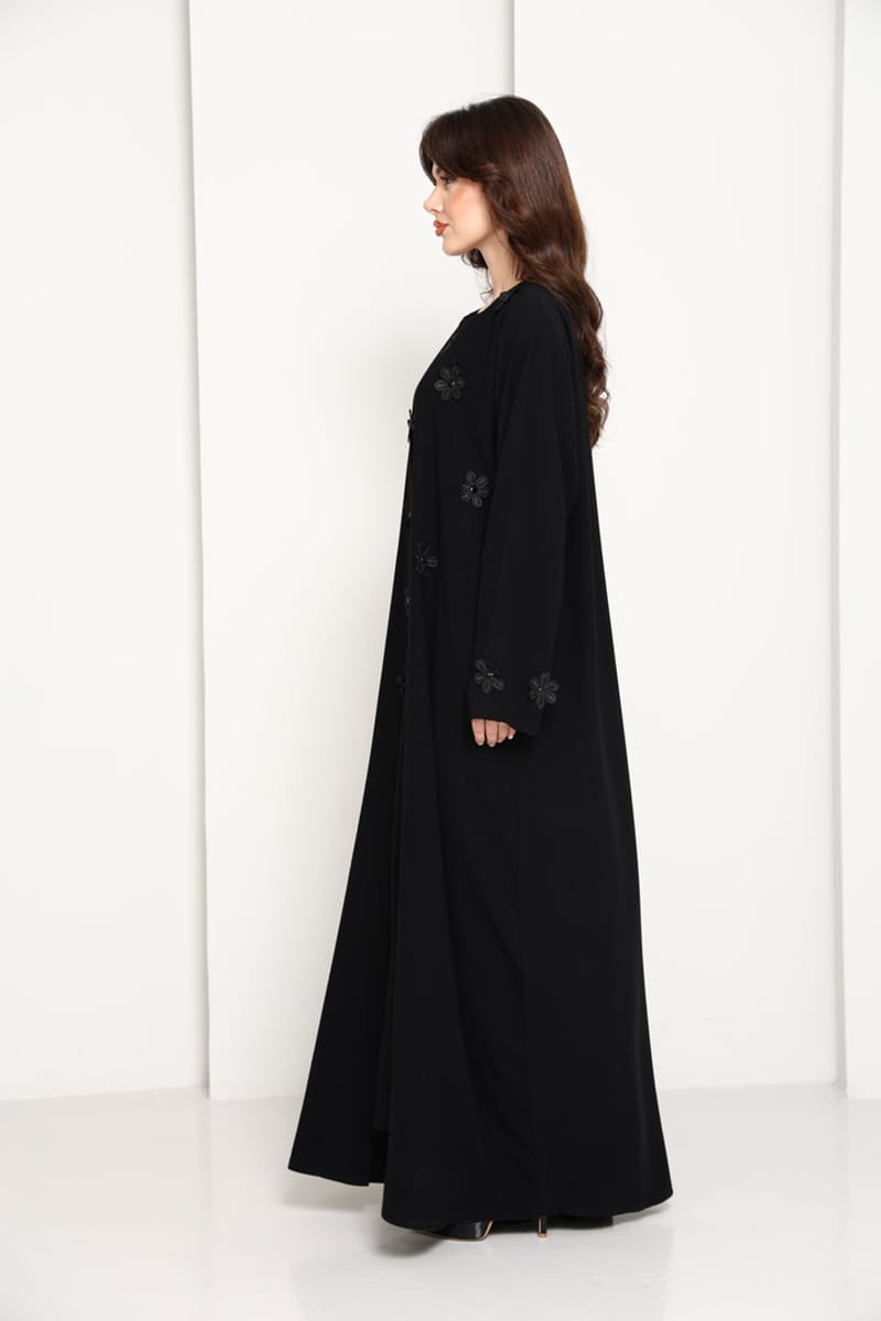 Black Open-Front Luxury Abaya with Tonal Lace Flower Embellishments Msquare Fashion - Women's Abayas 1