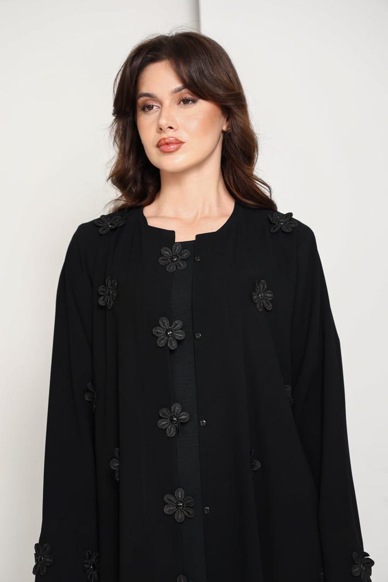 Black Open-Front Luxury Abaya with Tonal Lace Flower Embellishments Msquare Fashion - Women's Abayas 2