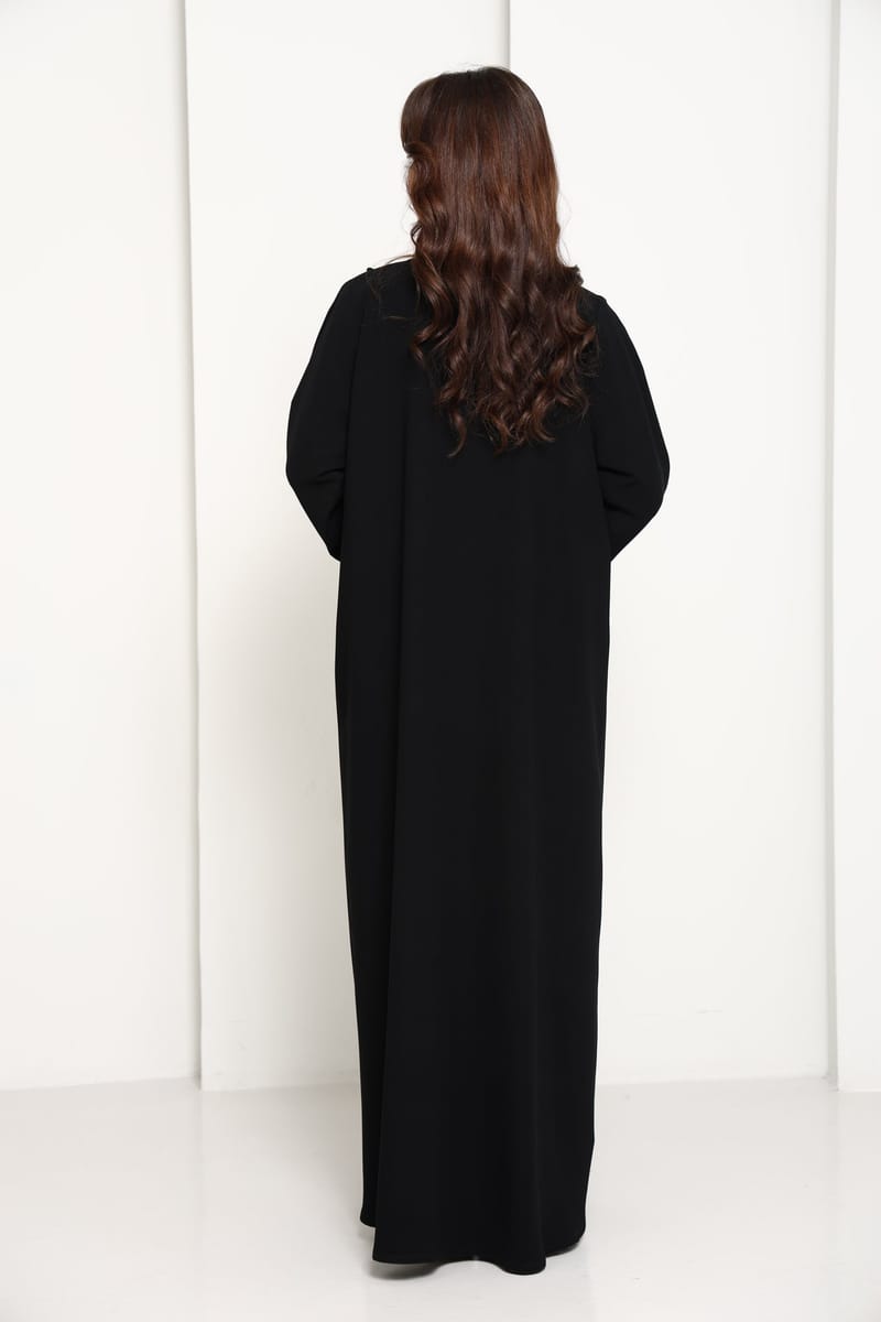 Black Open-Front Luxury Abaya with Tonal Lace Flower Embellishments Msquare Fashion - Women's Abayas 3