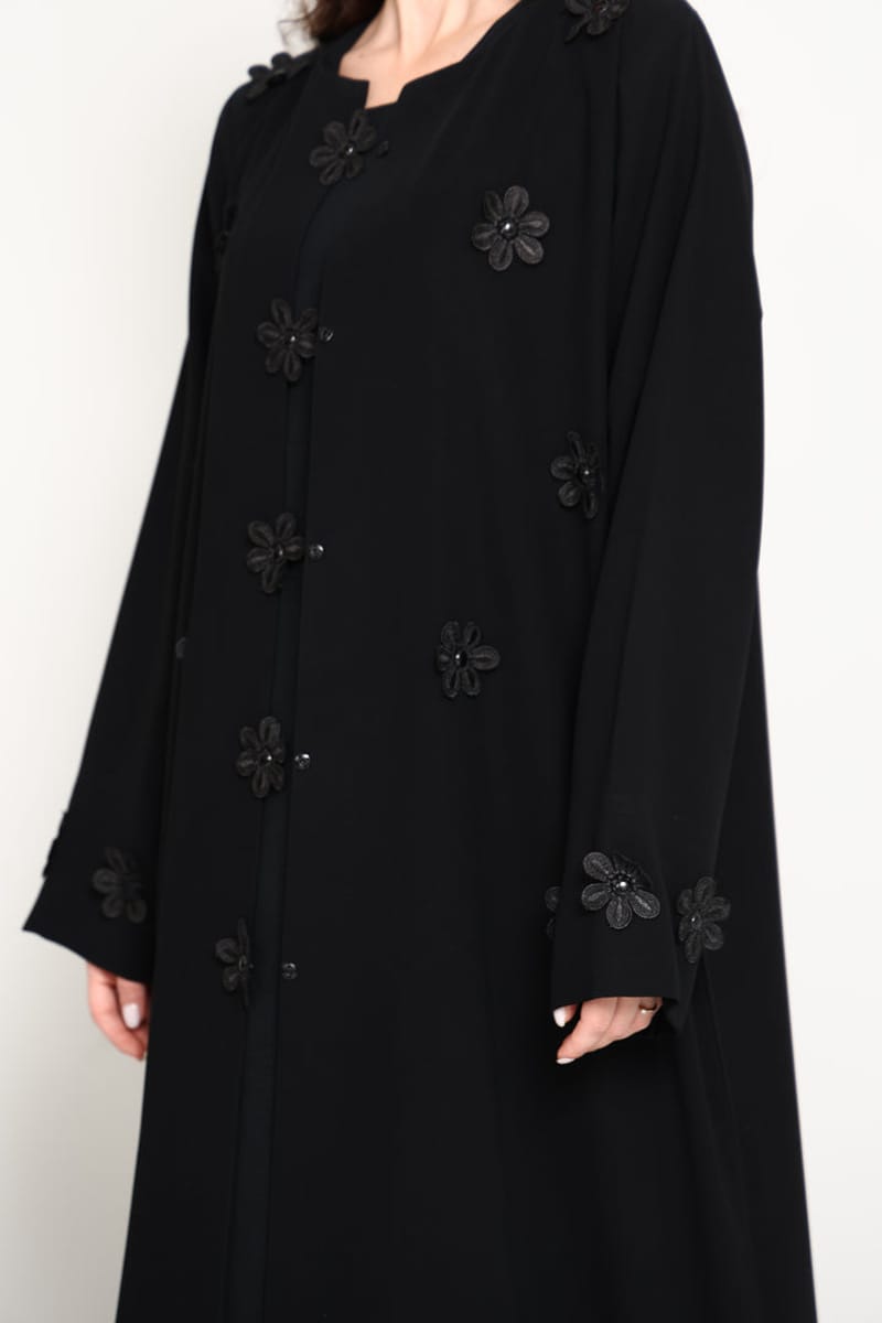 Black Open-Front Luxury Abaya with Tonal Lace Flower Embellishments Msquare Fashion - Women's Abayas 4