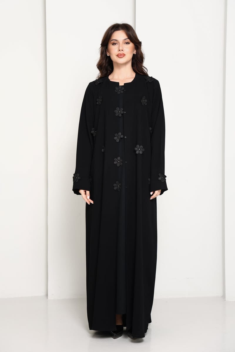 Black Open-Front Luxury Abaya with Tonal Lace Flower Embellishments Msquare Fashion - Women's Abayas 10