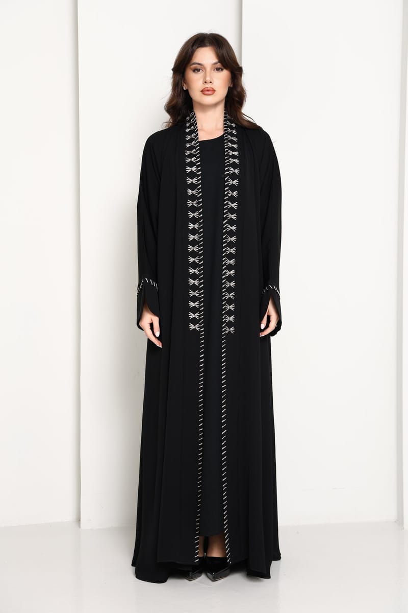 Jet Black Open Abaya with Contrast Thread Work Front Panels and Sleeves Msquare Fashion - Women's Abayas 6