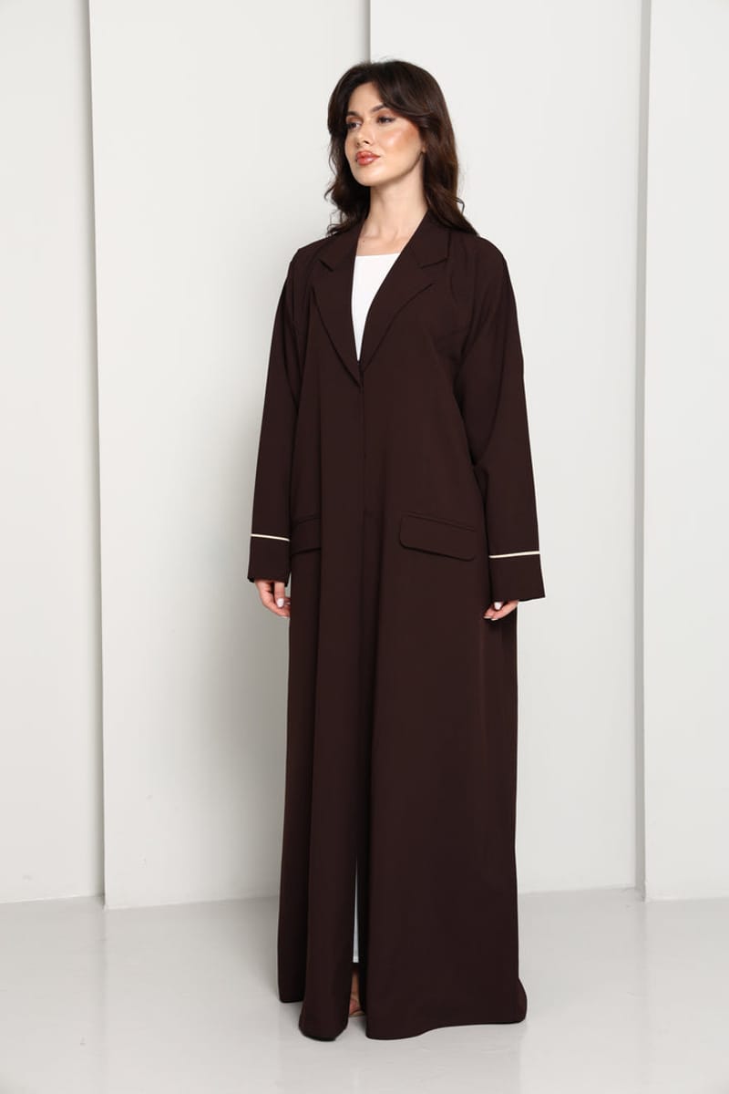 Dark Chocolate Blazer-Style Abaya I Open Front Abaya with Lapel Collar, Pockets & Piping Cuffs Msquare Fashion - Women's Abayas 1