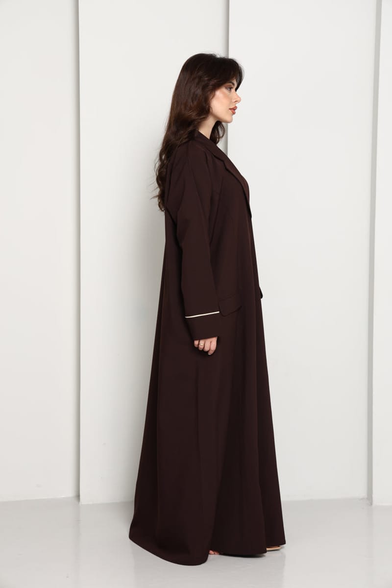 Dark Chocolate Blazer-Style Abaya I Open Front Abaya with Lapel Collar, Pockets & Piping Cuffs Msquare Fashion - Women's Abayas 2