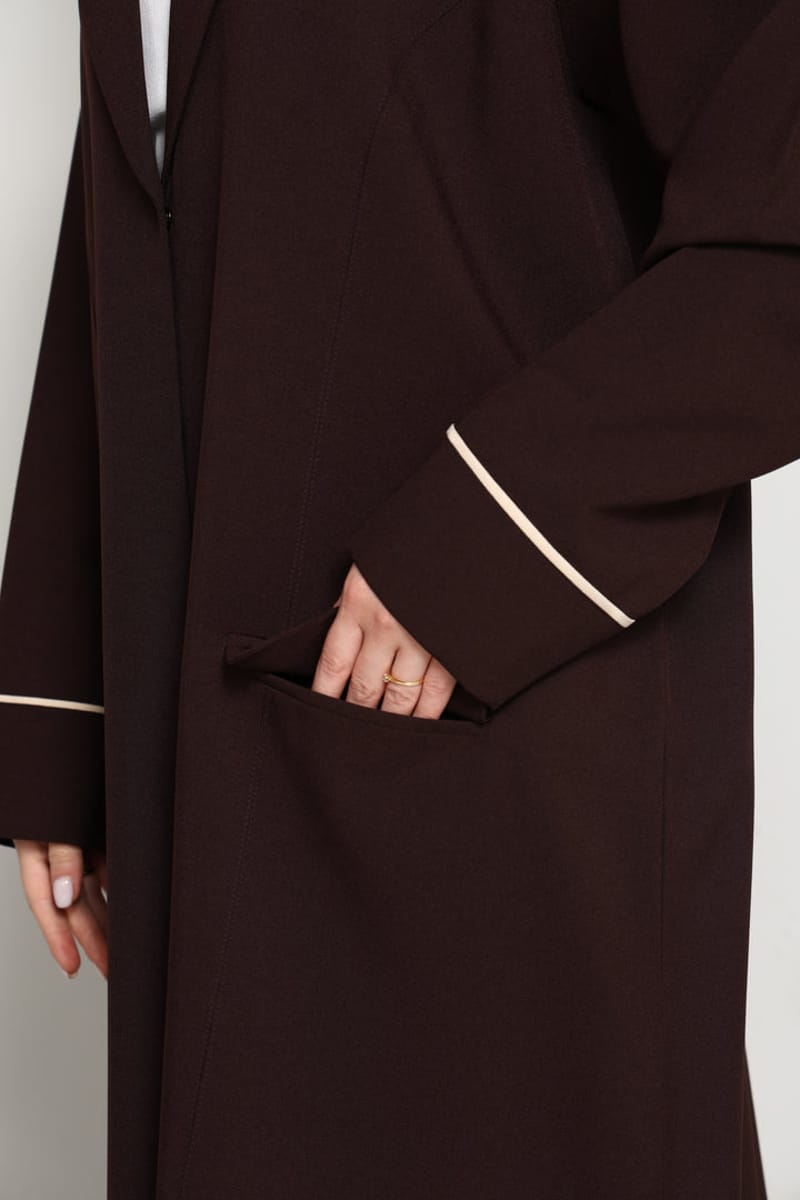 Dark Chocolate Blazer-Style Abaya I Open Front Abaya with Lapel Collar, Pockets & Piping Cuffs Msquare Fashion - Women's Abayas 3