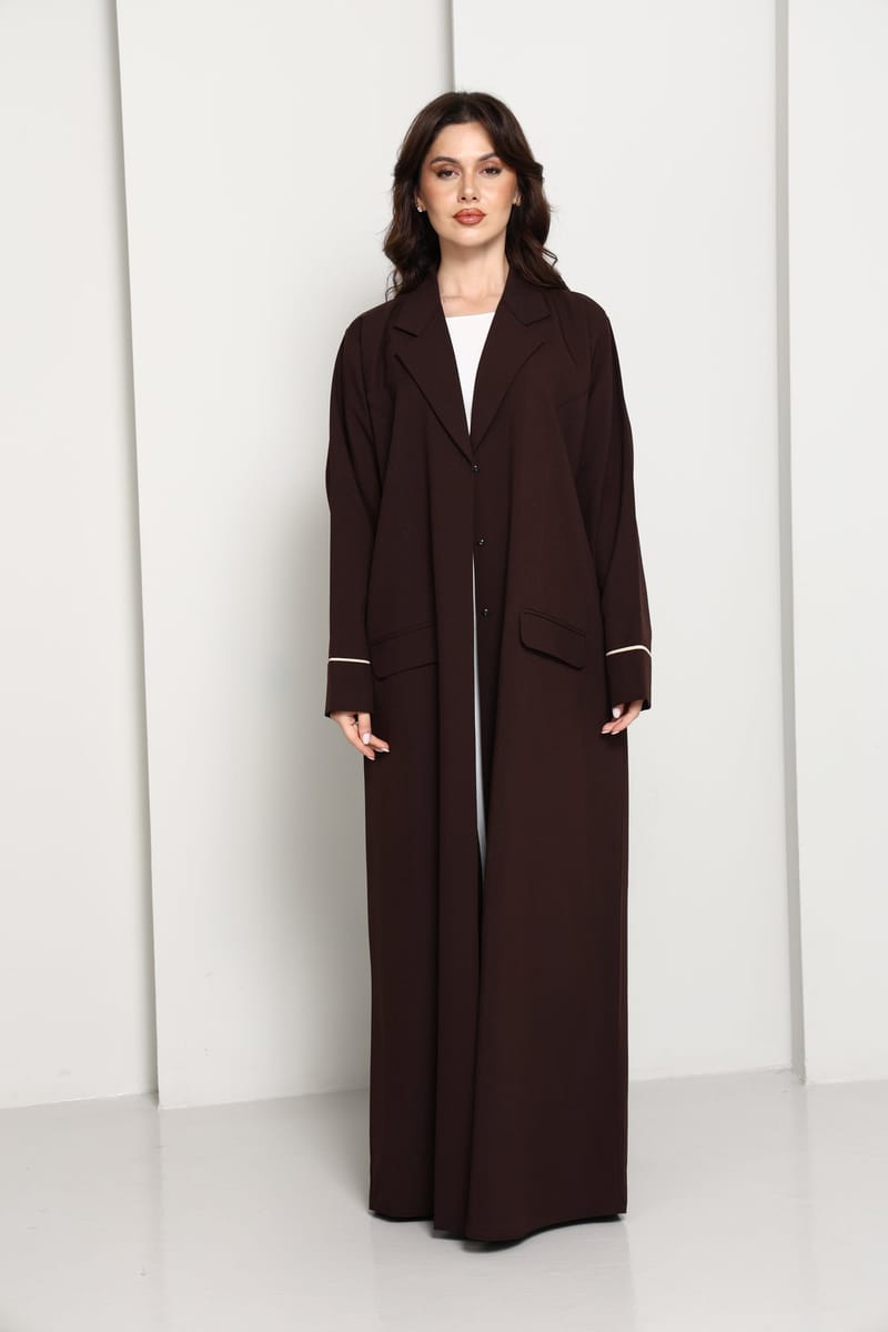 Dark Chocolate Blazer-Style Abaya I Open Front Abaya with Lapel Collar, Pockets & Piping Cuffs Msquare Fashion - Women's Abayas 10