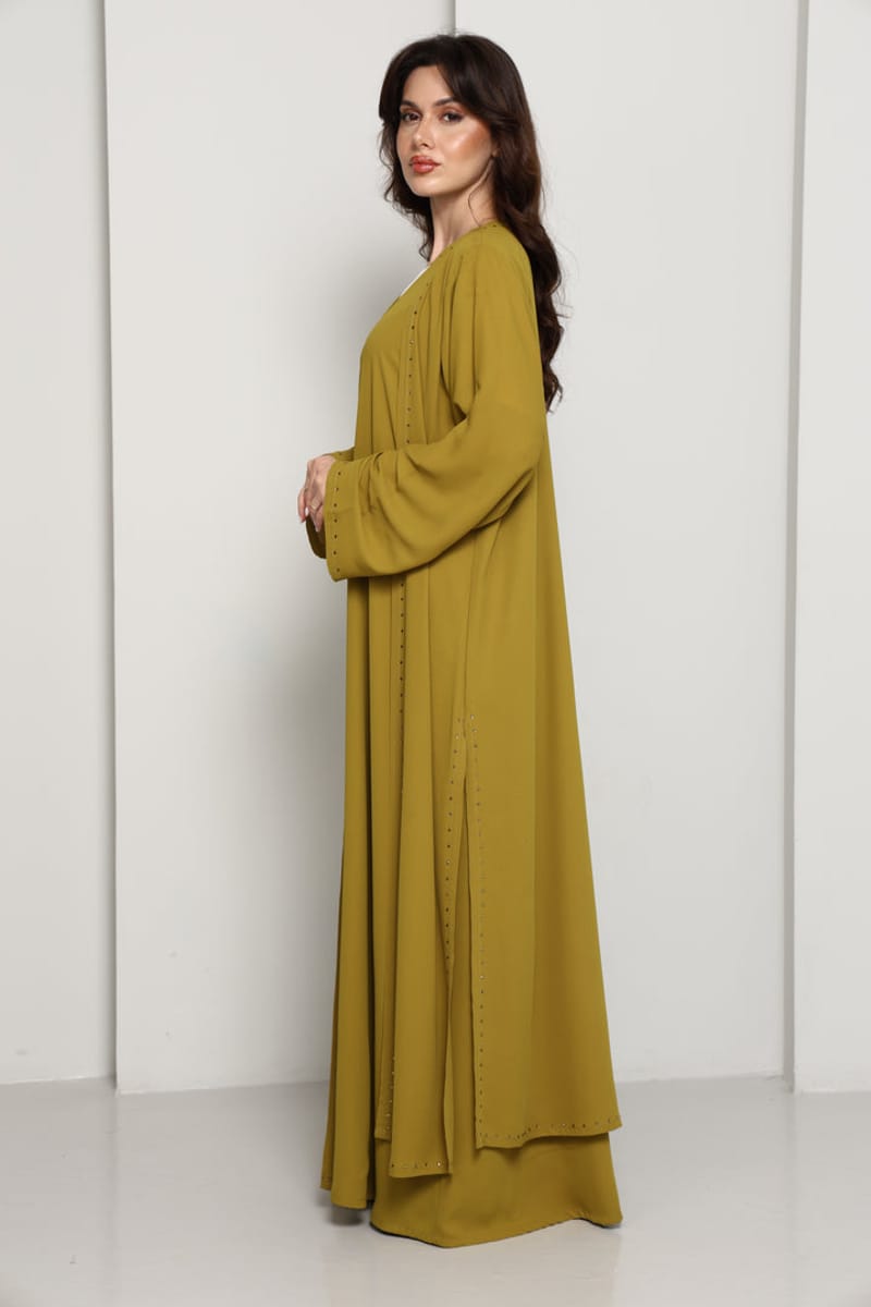 Olive Mustard Open Abaya with Subtle Stud Embellishment Msquare Fashion - Women's Abayas 1