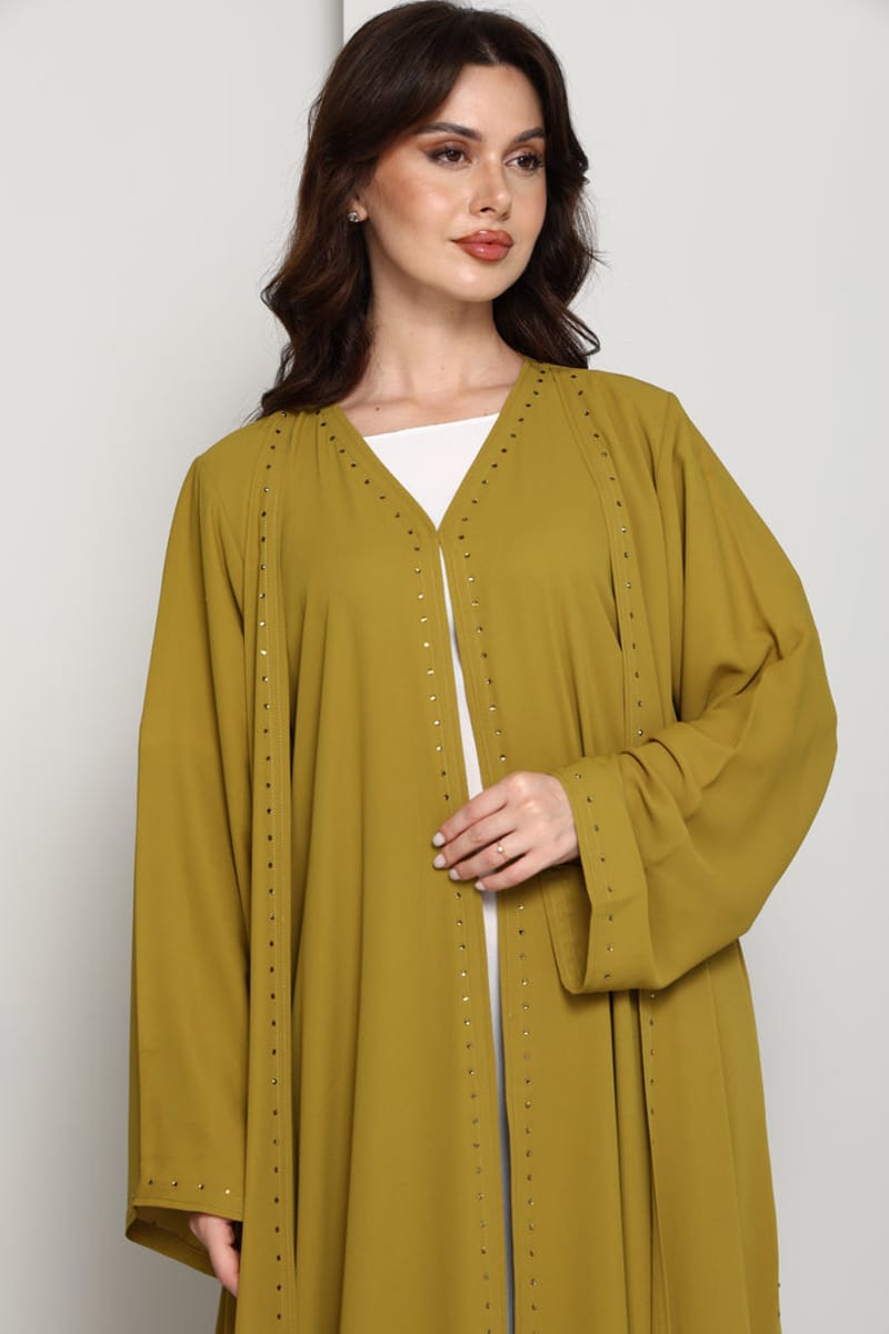 Olive Mustard Open Abaya with Subtle Stud Embellishment Msquare Fashion - Women's Abayas 2