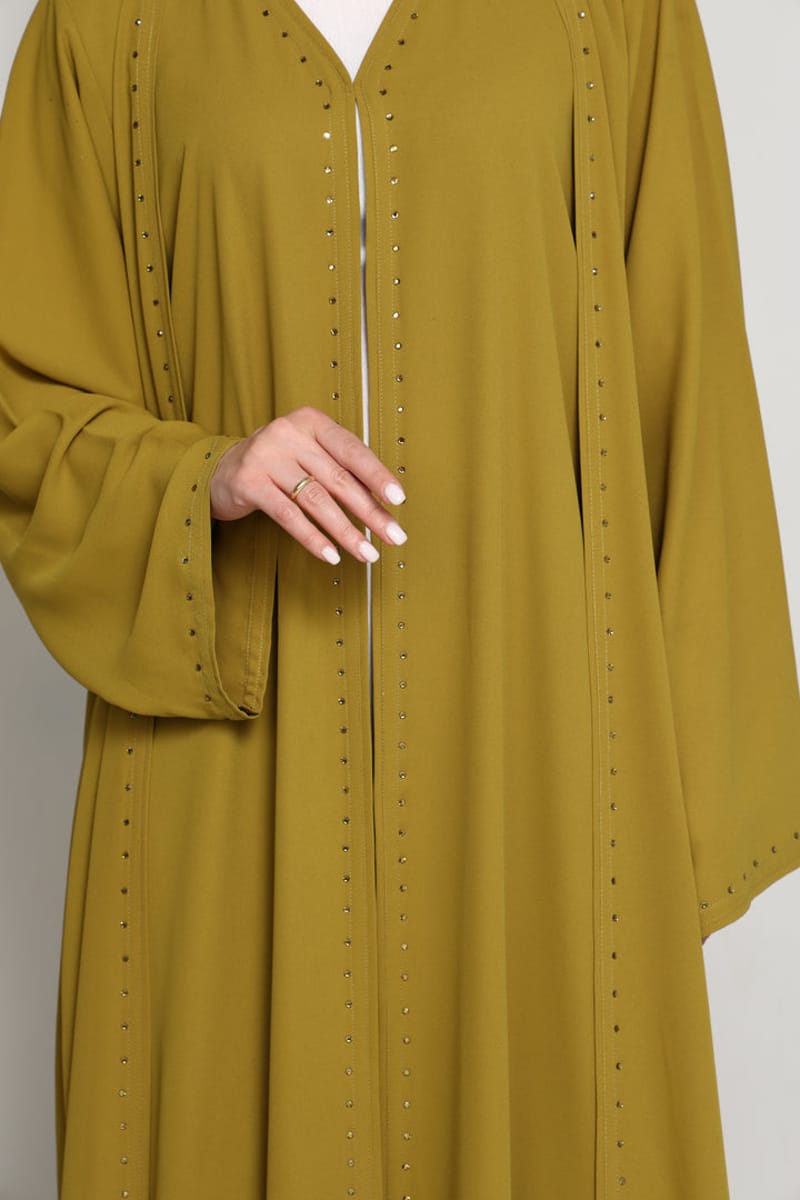 Olive Mustard Open Abaya with Subtle Stud Embellishment Msquare Fashion - Women's Abayas 3