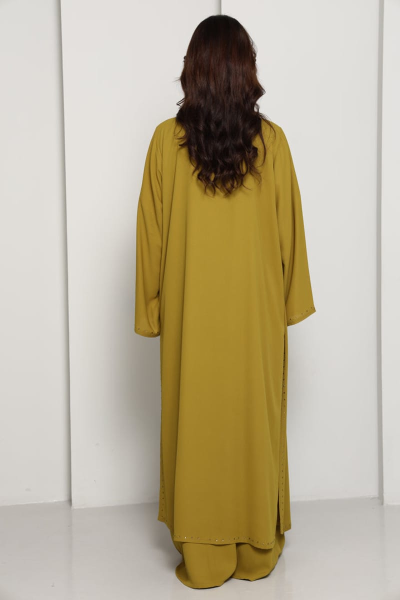 Olive Mustard Open Abaya with Subtle Stud Embellishment Msquare Fashion - Women's Abayas 4