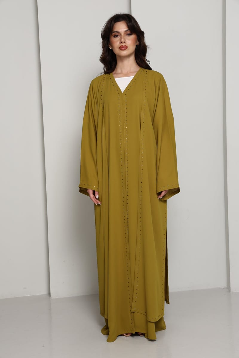 Olive Mustard Open Abaya with Subtle Stud Embellishment Msquare Fashion - Women's Abayas 10