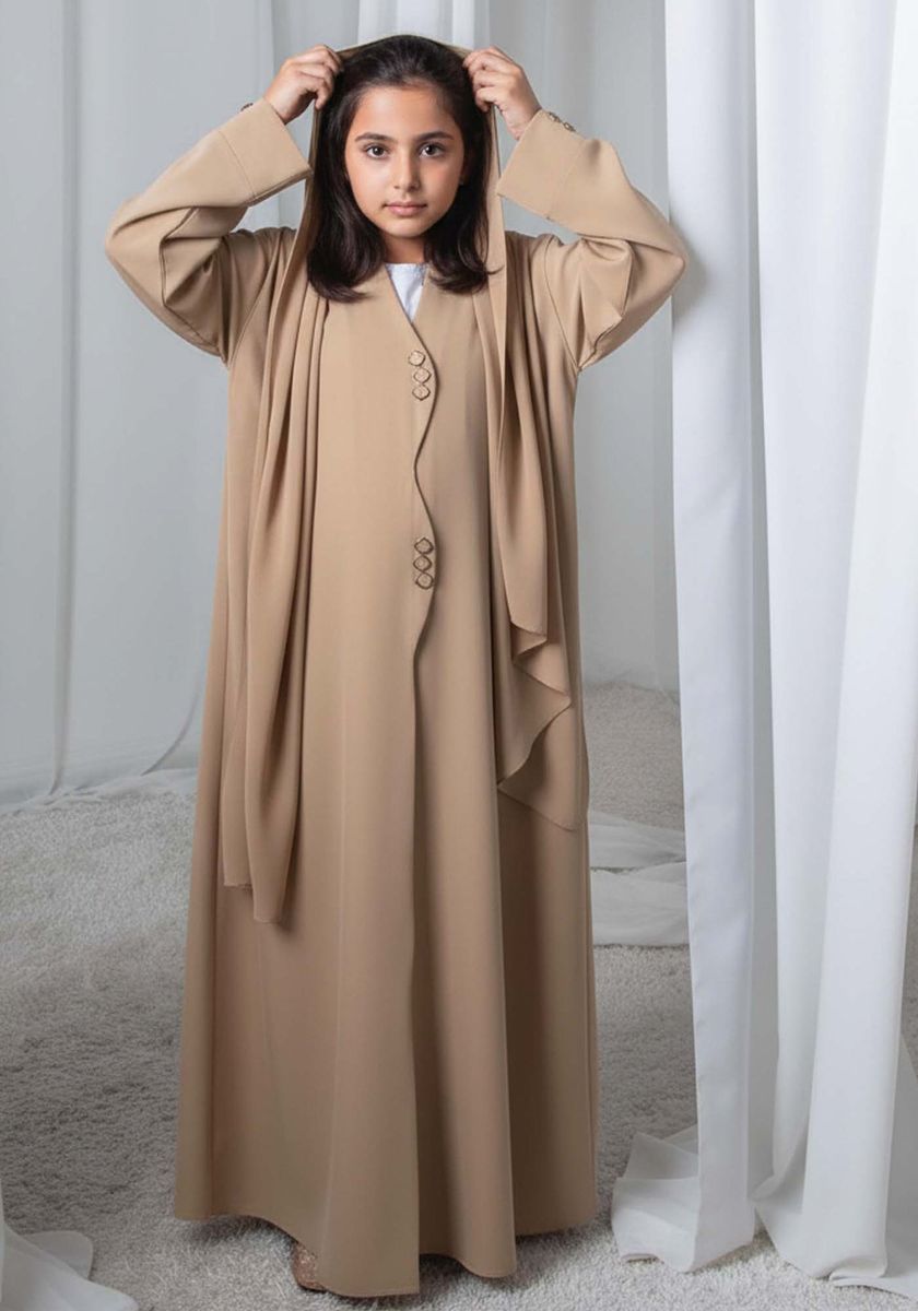 Kids Abaya With Sheila I Elegant Beige Barbie Crepe Modest Wear for Girls Msquare Fashion - Kids's Abayas 7