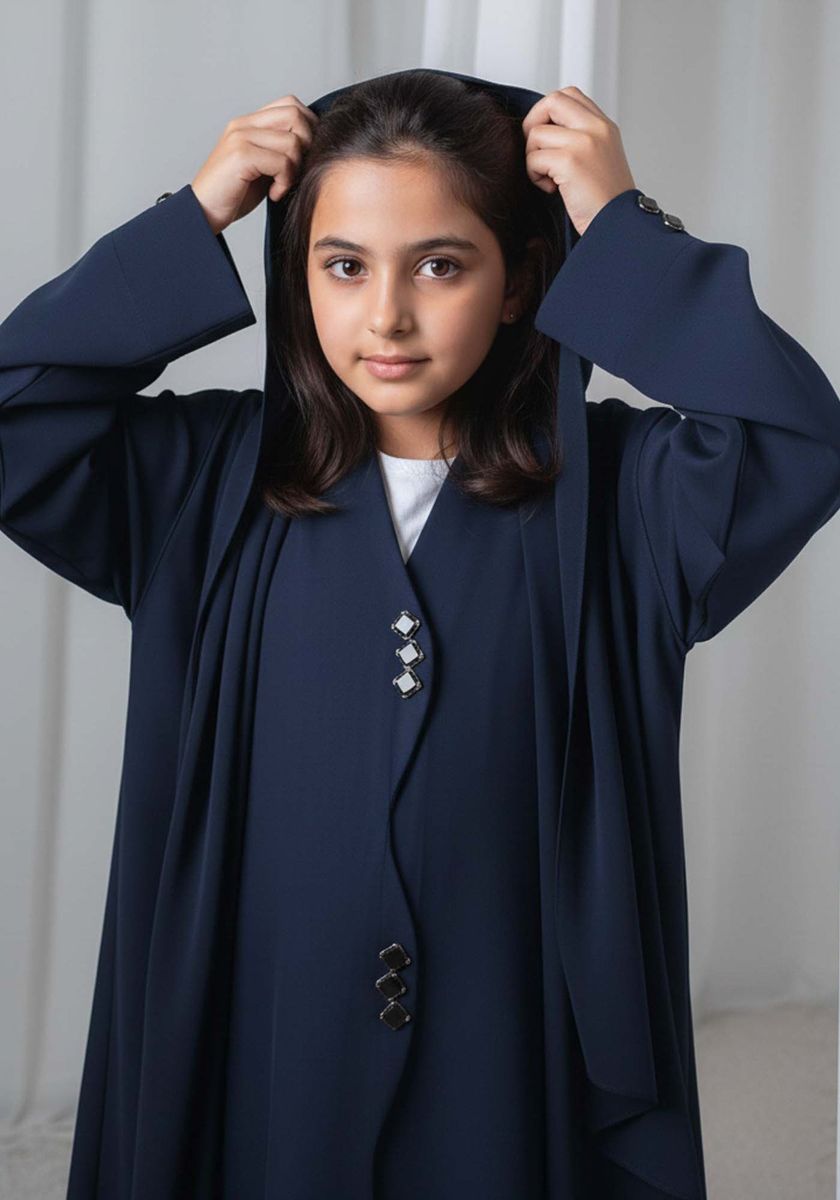 Kids Abaya With Sheila I Elegant Navy Blue Barbie Crepe Modest Wear for Girls Msquare Fashion - Kids's Abayas 1