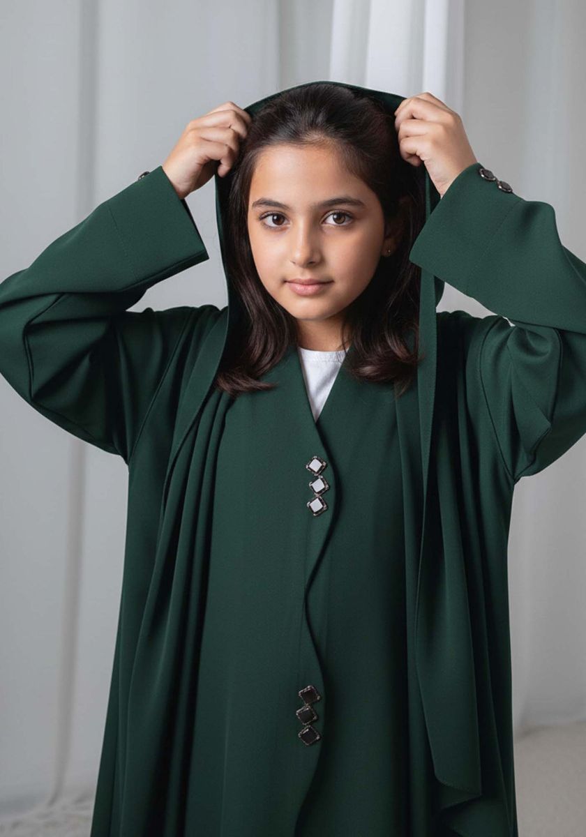 Kids Abaya With Sheila I Elegant Green Barbie Crepe Modest Wear for Girls Msquare Fashion - Kids's Abayas 1