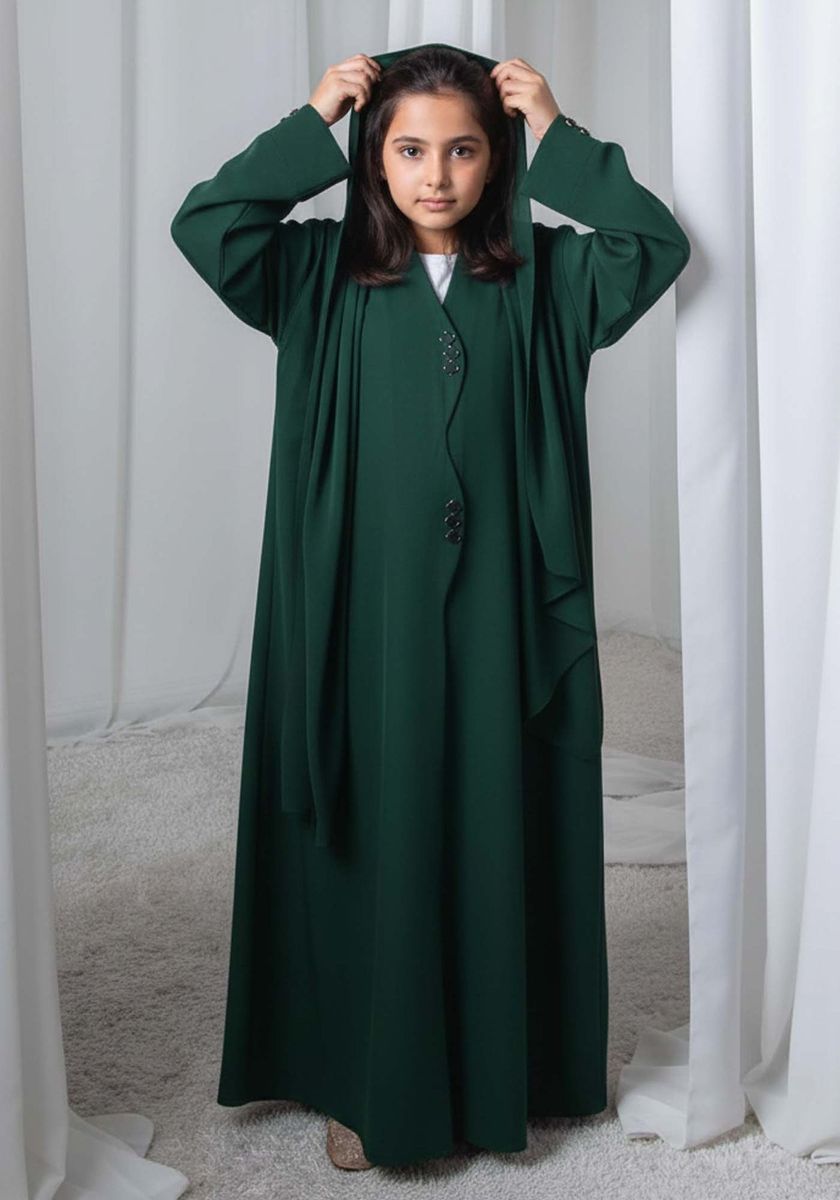 Kids Abaya With Sheila I Elegant Green Barbie Crepe Modest Wear for Girls Msquare Fashion - Kids's Abayas 8
