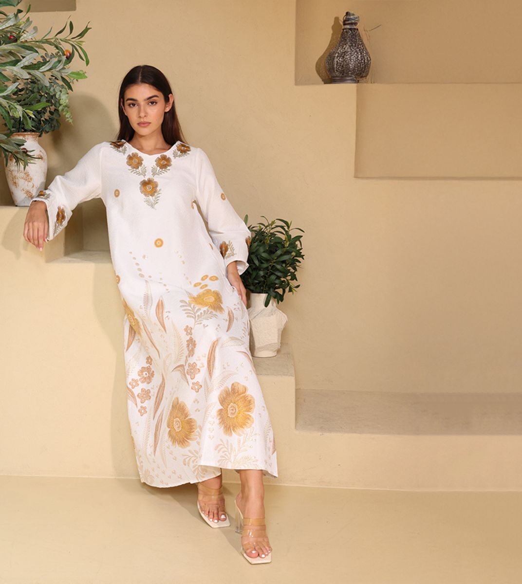 Ikkxa Floral Details Classic Linen Jalabiya IKKXA - Women's Jalabiyas 41
