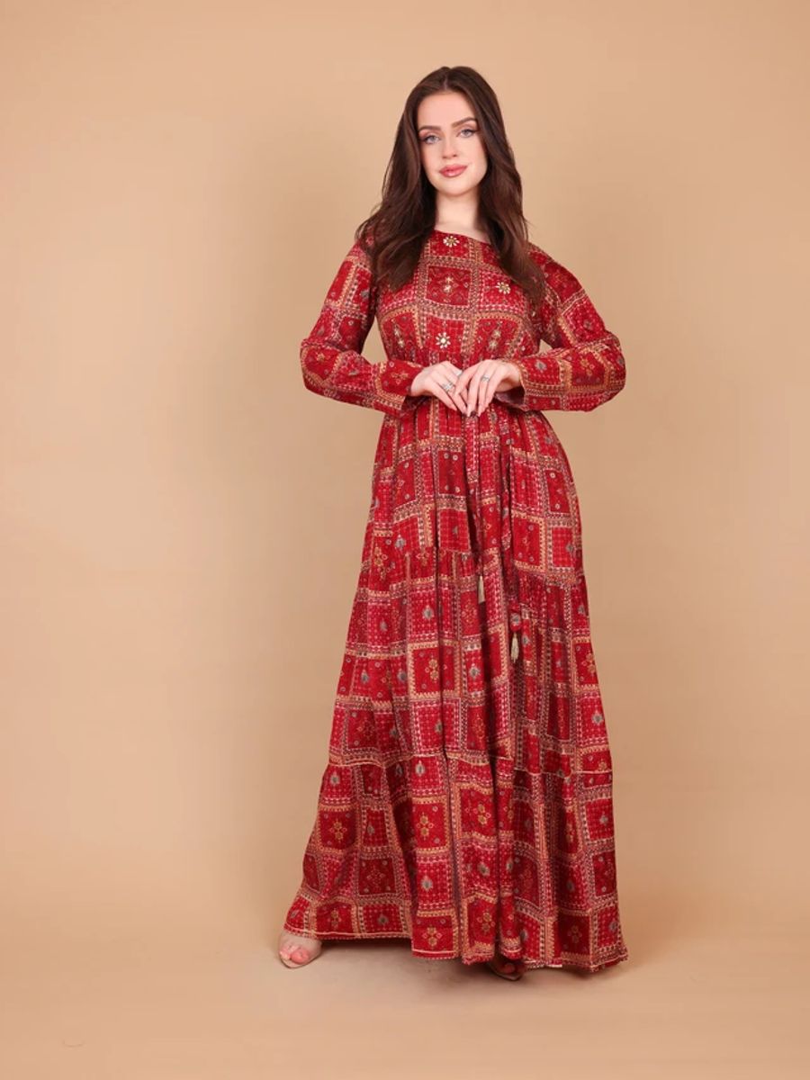 Ikkxa Soraya Ethnic Print Long Sleeves Tiered Maxi Dress IKKXA - Women's Maxi Dresses 36