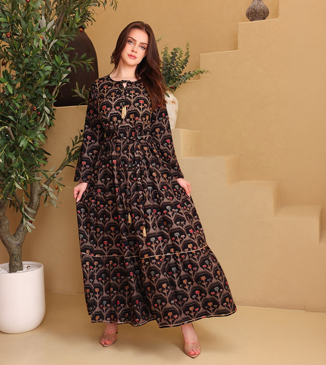 Ikkxa Zoya Ethnic Motif Print Tie-Up Neck Maxi Dress IKKXA - Women's Maxi Dresses 21
