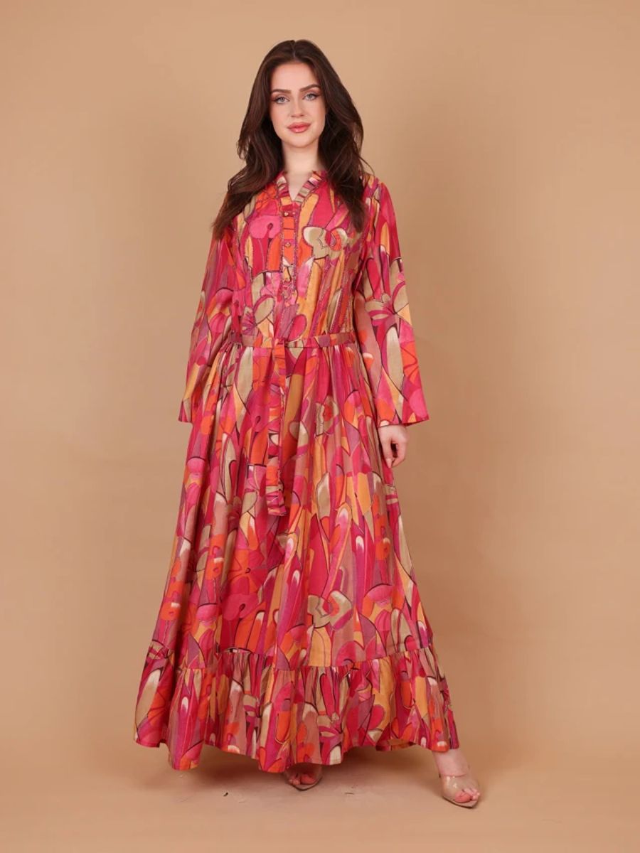 Ikkxa Hana Abstract Print Embellished Detail Bell Sleeves Maxi Dress IKKXA - Women's Maxi Dresses 36