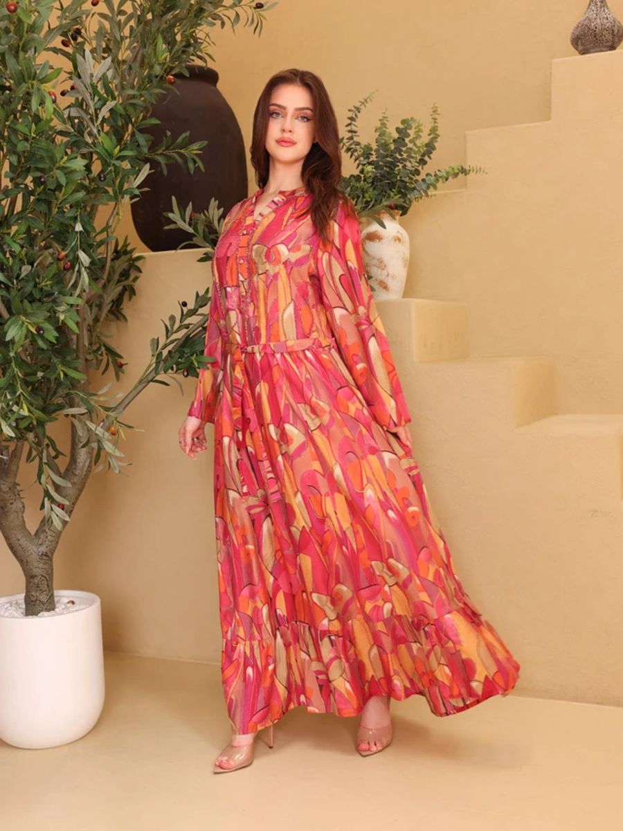 Ikkxa Hana Abstract Print Embellished Detail Bell Sleeves Maxi Dress IKKXA - Women's Maxi Dresses 37