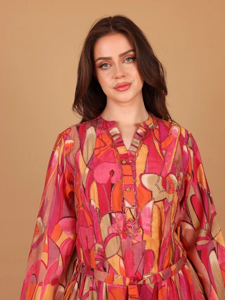 Ikkxa Hana Abstract Print Embellished Detail Bell Sleeves Maxi Dress IKKXA - Women's Maxi Dresses 38