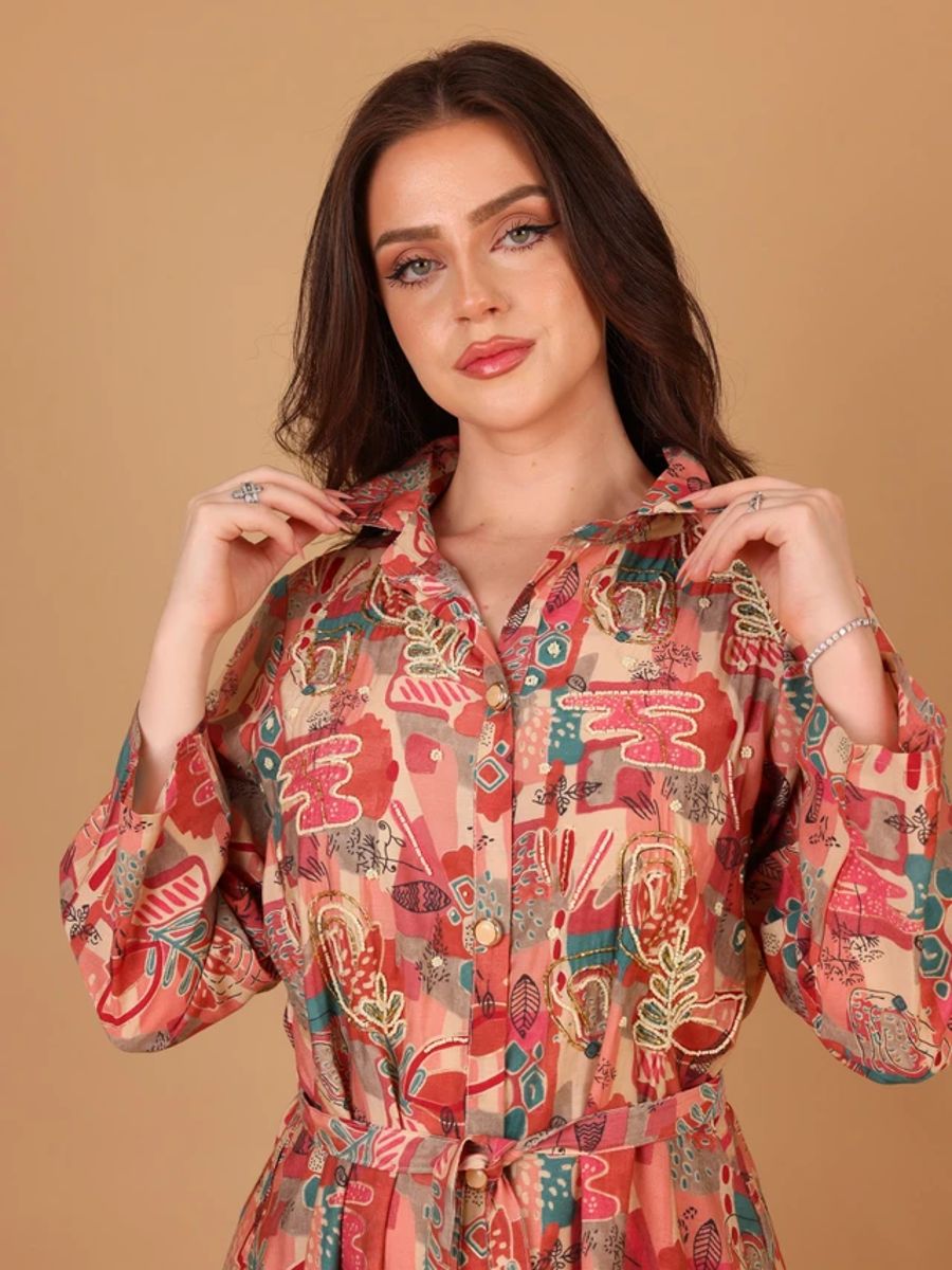 Ikkxa Ayla Abstract Print Embellished Collared Shirt Dress IKKXA - Women's Maxi Dresses 38