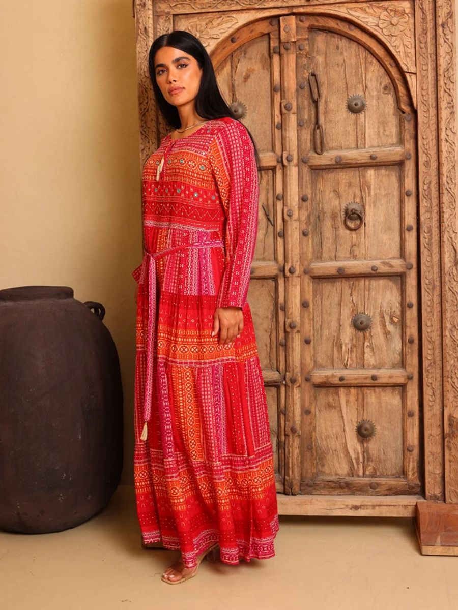 Ikkxa Yasmin Printed Embellished Detail Tie-Up Neck Tiered Maxi Dress IKKXA - Women's Jalabiyas 61