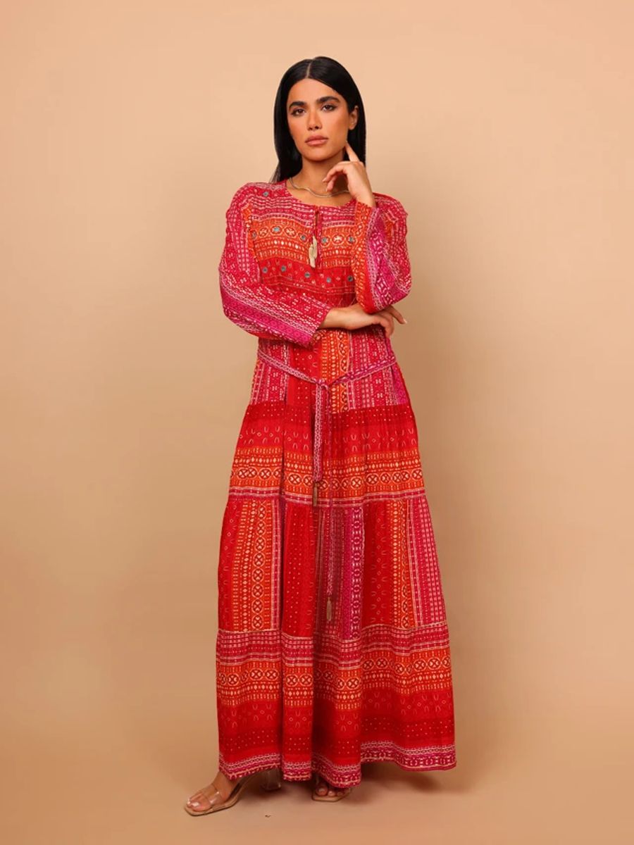 Ikkxa Yasmin Printed Embellished Detail Tie-Up Neck Tiered Maxi Dress IKKXA - Women's Jalabiyas 60