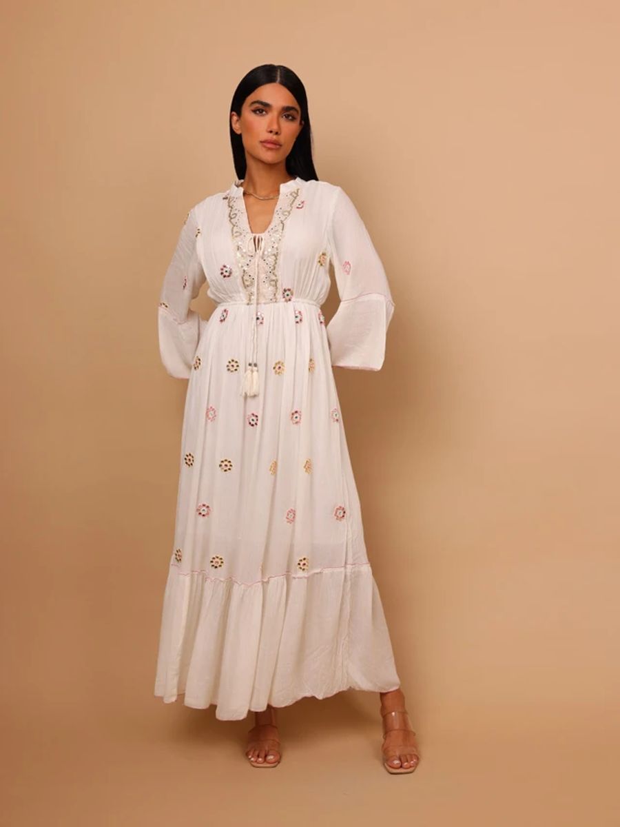 Ikkxa Rania Embellished V-Neck Bell Sleeves Tiered Maxi Dress IKKXA - Women's Maxi Dresses 10