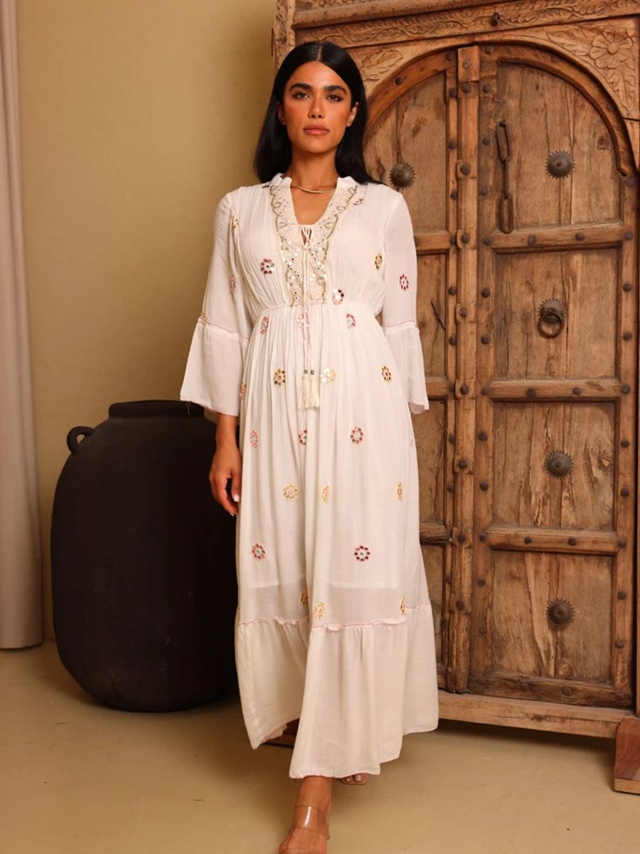 Ikkxa Rania Embellished V-Neck Bell Sleeves Tiered Maxi Dress IKKXA - Women's Maxi Dresses 11