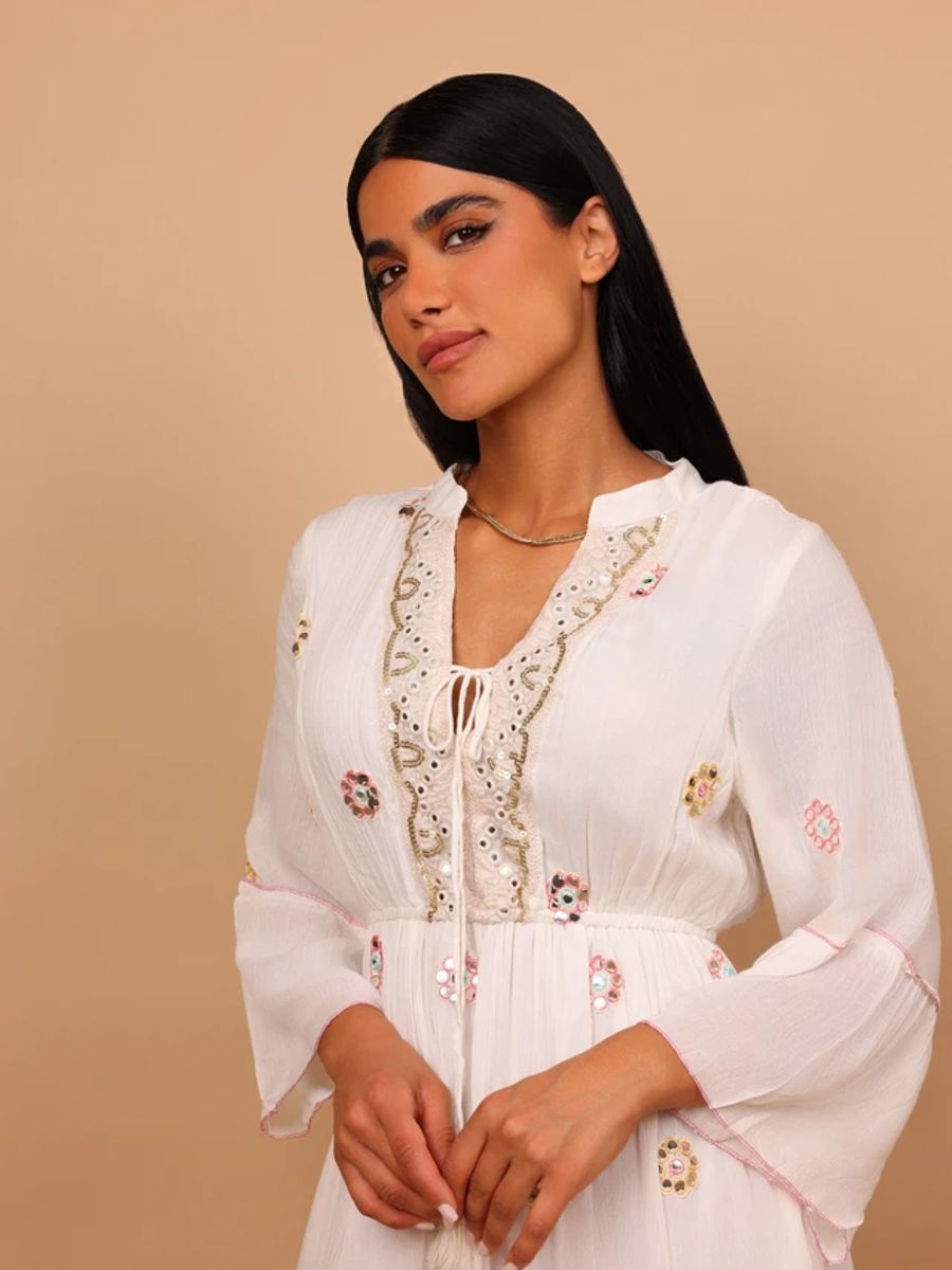 Ikkxa Rania Embellished V-Neck Bell Sleeves Tiered Maxi Dress IKKXA - Women's Maxi Dresses 12