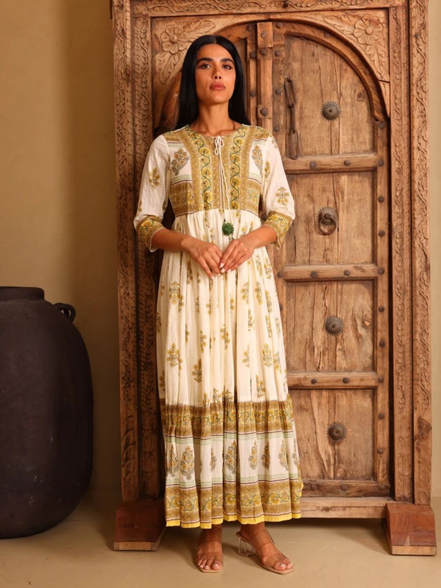 Darya Printed Tie-Up Neck Fit And Flare Ethnic Maxi Dress IKKXA - Women's Maxi Dresses 32