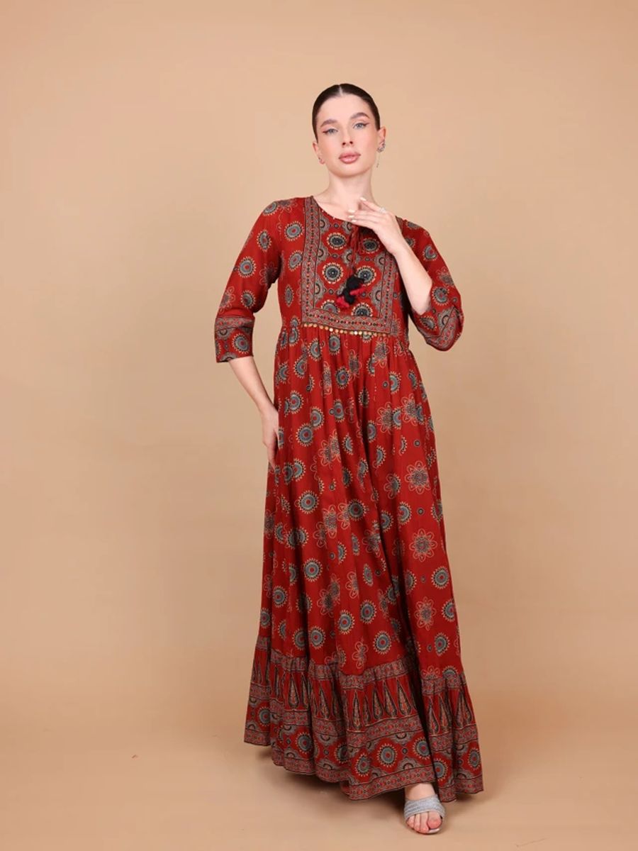 Ikkxa Ilham Ajrakh Print 3/4 Sleeves Ethnic Maxi Dress IKKXA - Women's Maxi Dresses 28