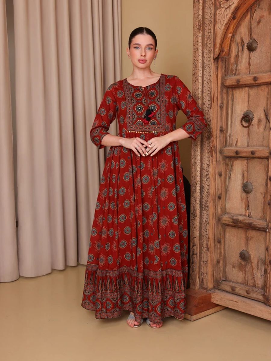 Ikkxa Ilham Ajrakh Print 3/4 Sleeves Ethnic Maxi Dress IKKXA - Women's Maxi Dresses 29