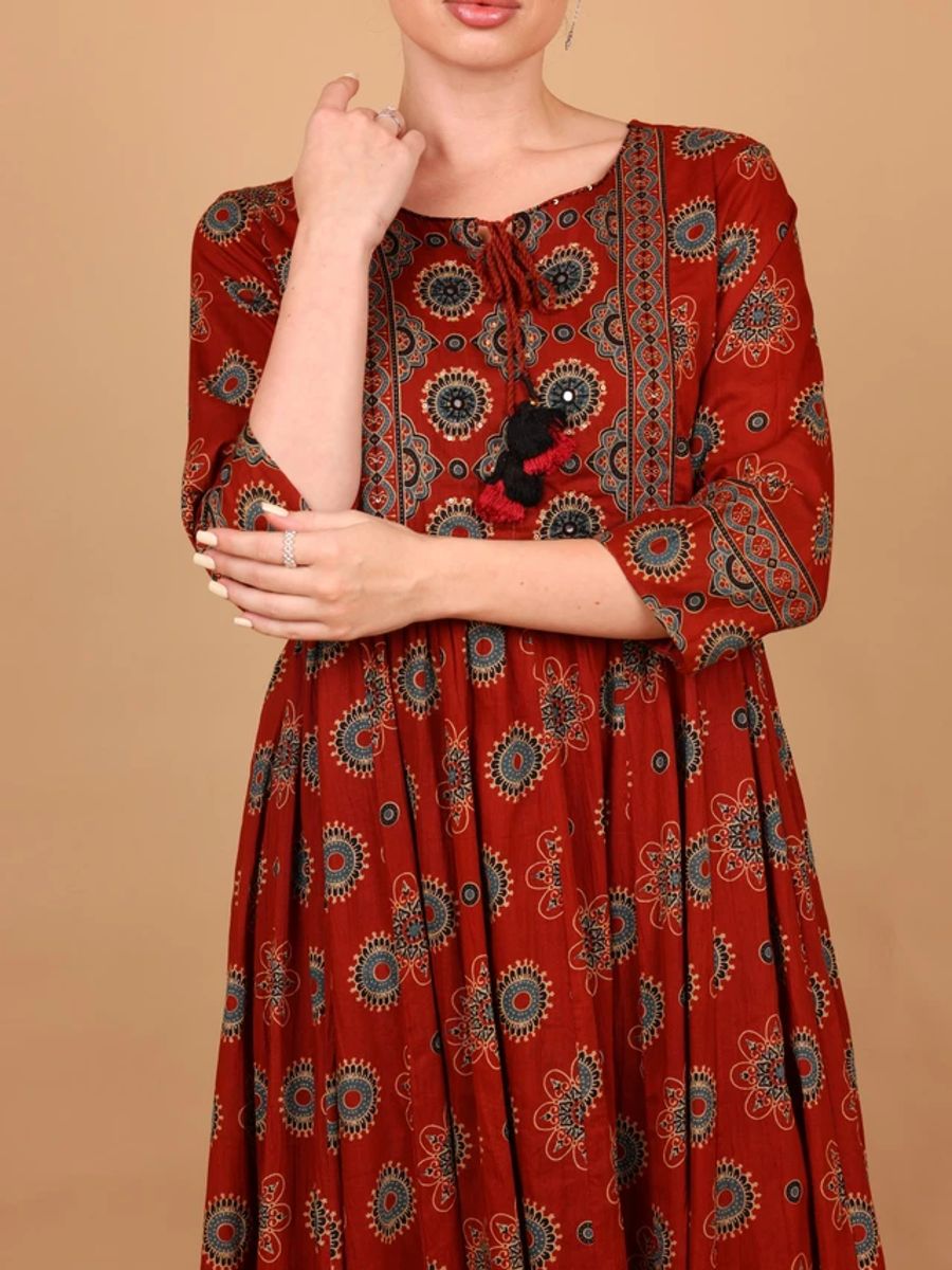 Ikkxa Ilham Ajrakh Print 3/4 Sleeves Ethnic Maxi Dress IKKXA - Women's Maxi Dresses 30