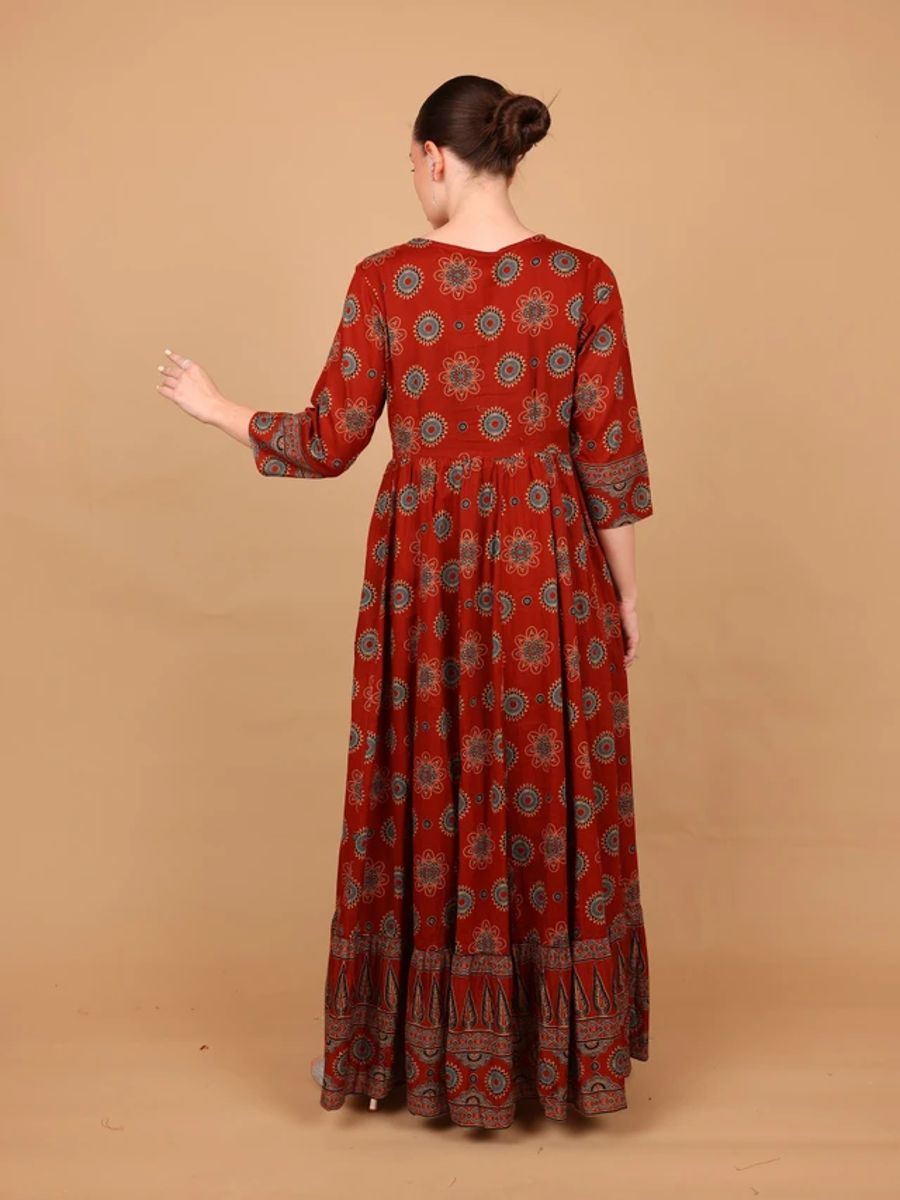 Ikkxa Ilham Ajrakh Print 3/4 Sleeves Ethnic Maxi Dress IKKXA - Women's Maxi Dresses 31