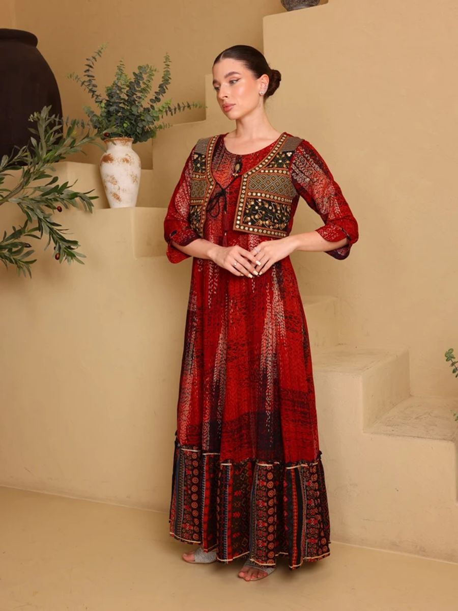 Ikkxa Farah Printed Embroidered Coat Detail Maxi Dress IKKXA - Women's Maxi Dresses 49
