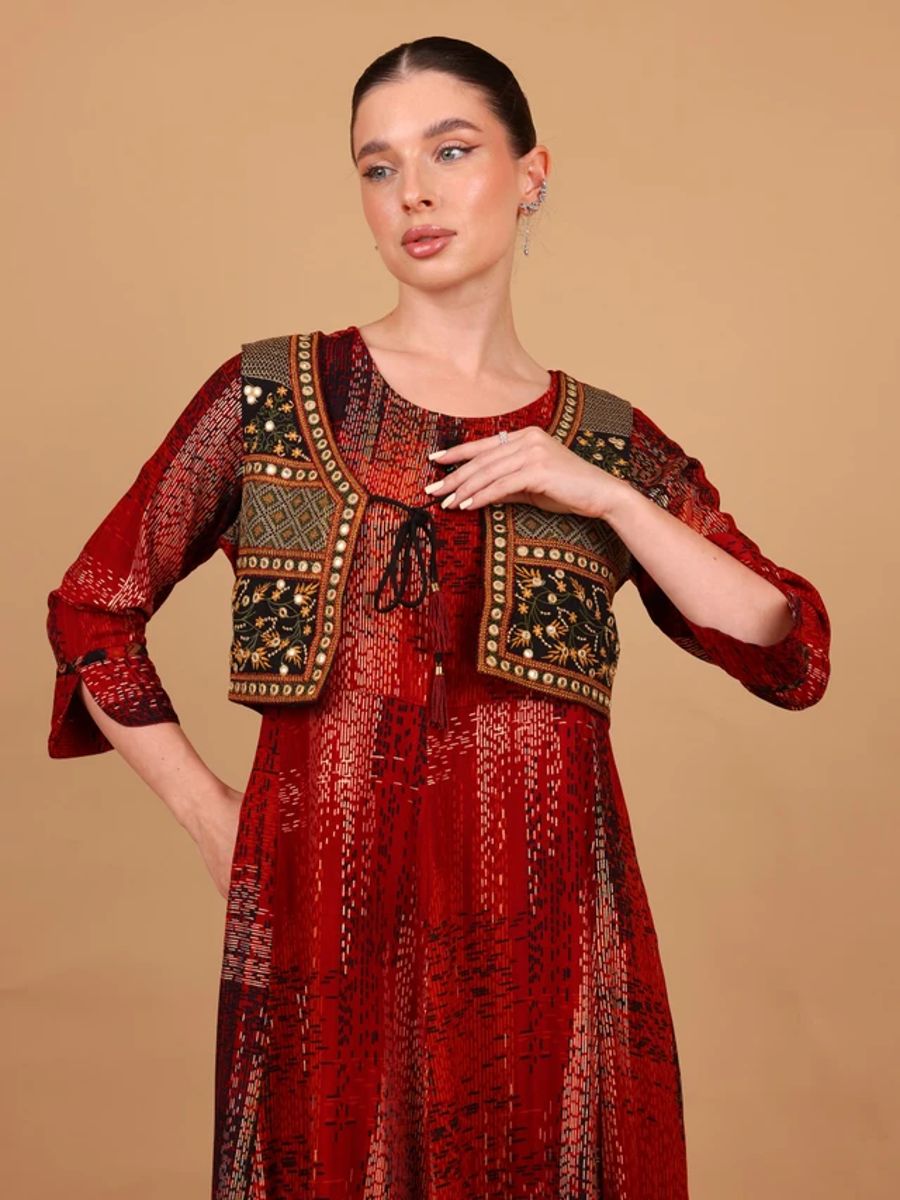 Ikkxa Farah Printed Embroidered Coat Detail Maxi Dress IKKXA - Women's Maxi Dresses 50