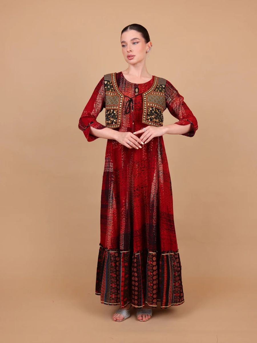 Ikkxa Farah Printed Embroidered Coat Detail Maxi Dress IKKXA - Women's Maxi Dresses 48