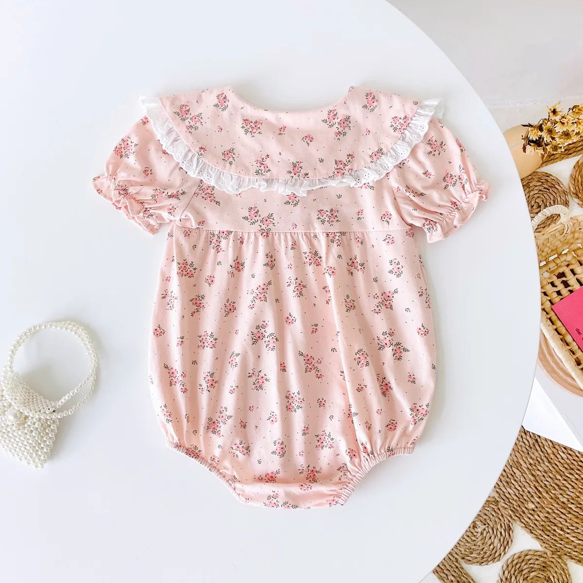 Floral Cotton Short Sleeve Baby Girls Bodysuit with Peter Pan Collar Sanlutoz - Kids's Bodysuits 1