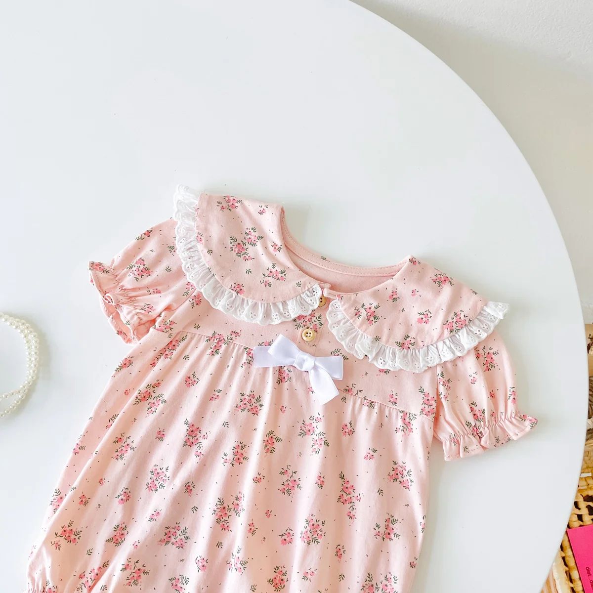 Floral Cotton Short Sleeve Baby Girls Bodysuit with Peter Pan Collar Sanlutoz - Kids's Bodysuits 2