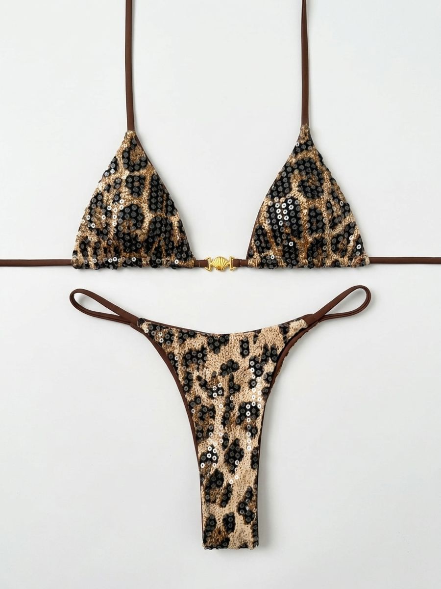 Women’s Leopard Print Halter Bikini Set Push Up High Waist