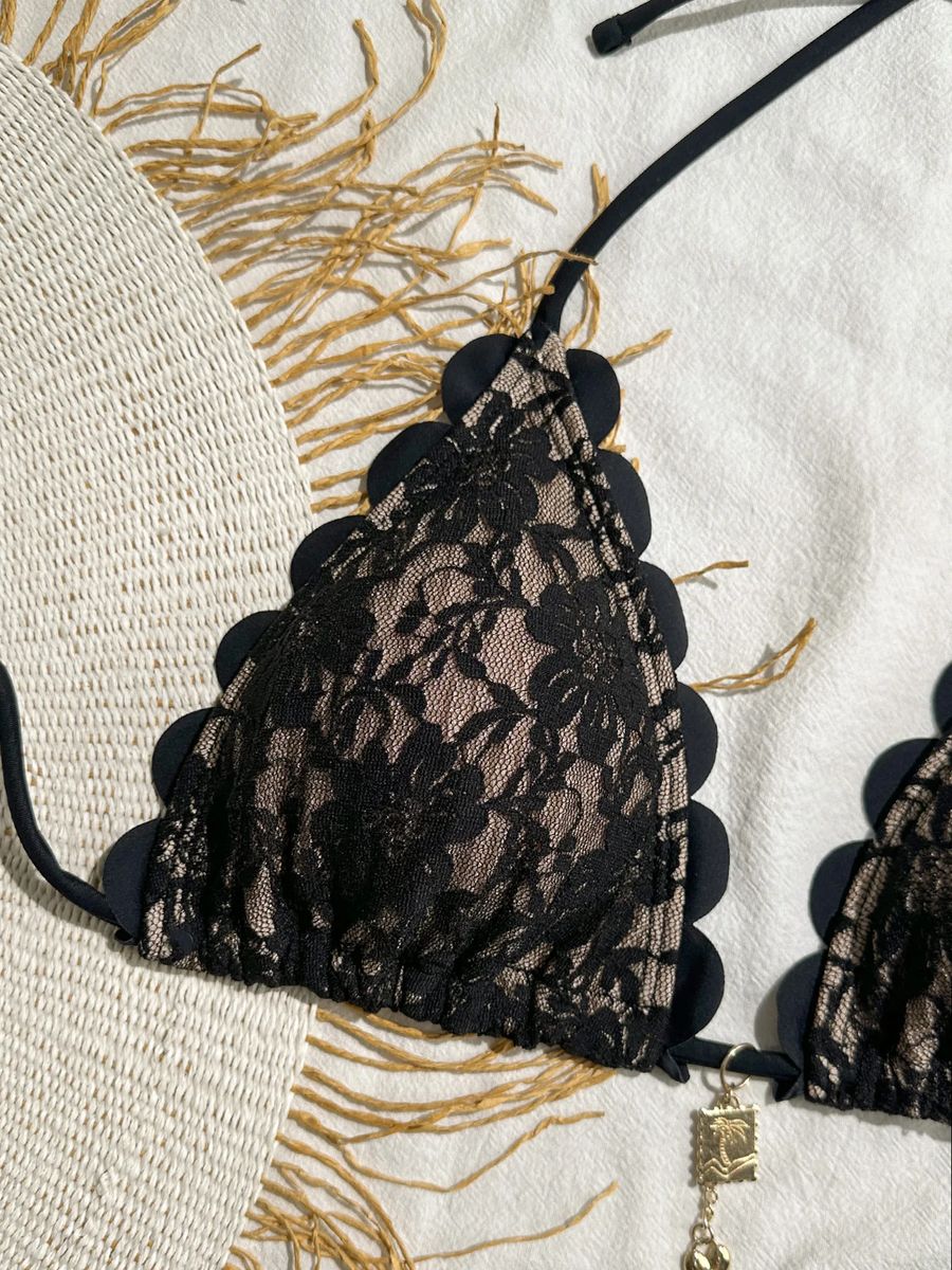Women’s Black Lace Bikini Set Ruffled Halter Push Up Swimwear Women’s Black Lace Bikini Set Ruffled Halter Push Up Swimwear