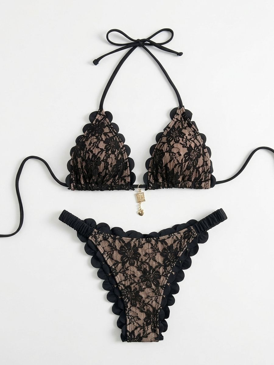 Women’s Black Lace Bikini Set Ruffled Halter Push Up Swimwear Women’s Black Lace Bikini Set Ruffled Halter Push Up Swimwear