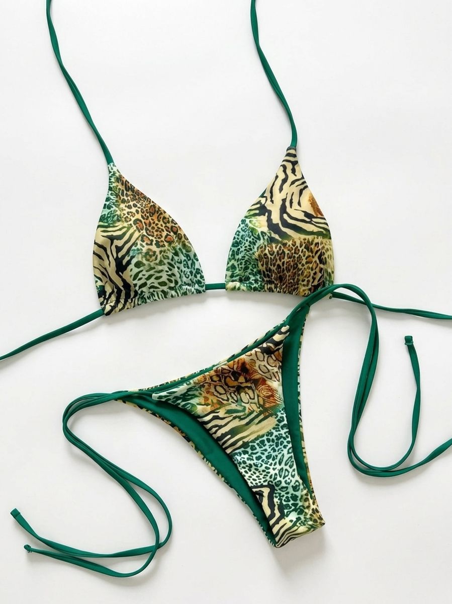 Women’s Leopard Print Halter Bikini Set Push Up Tie Side
