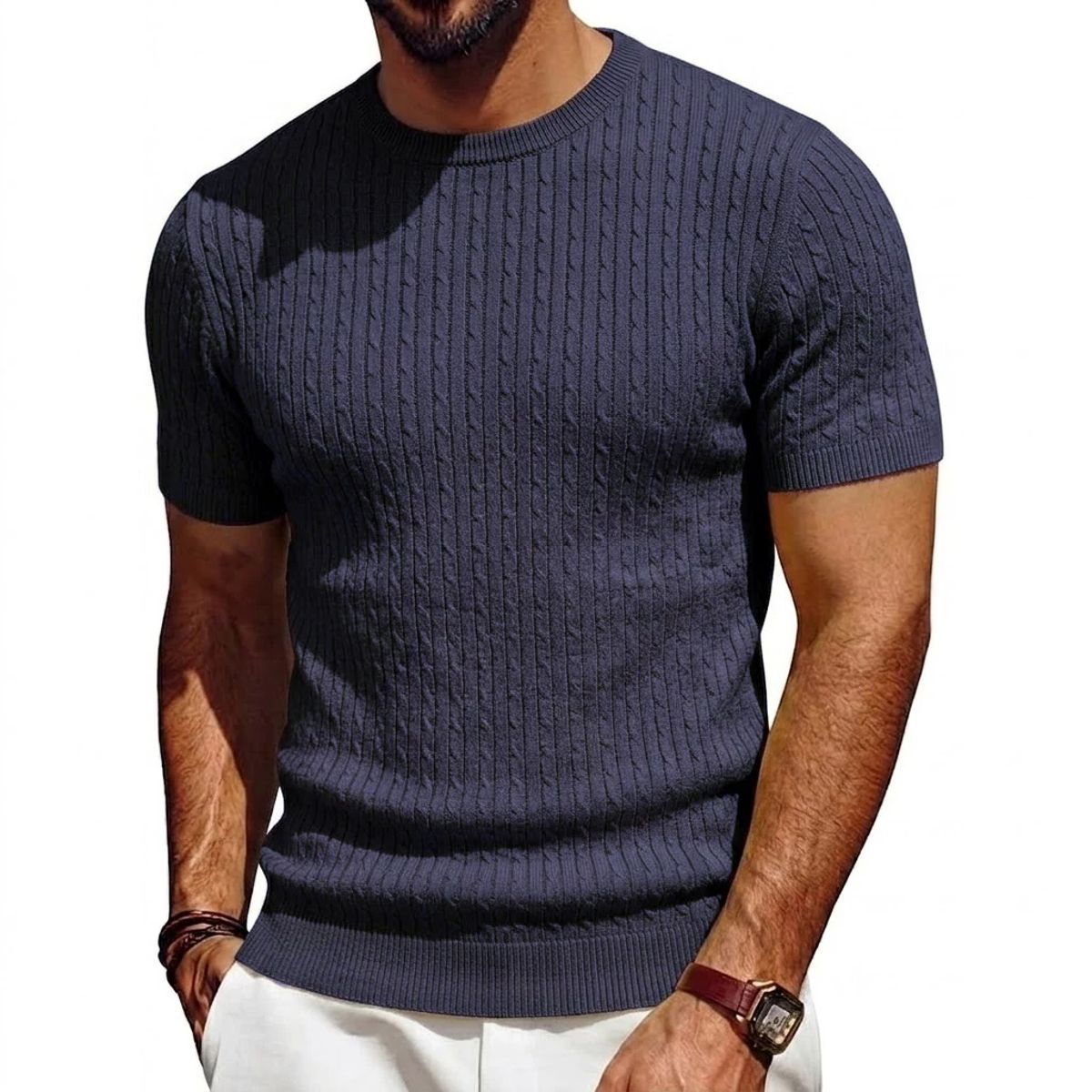 Men’s Short Sleeve Textured Knit Lightweight Breathable Casual Pullover