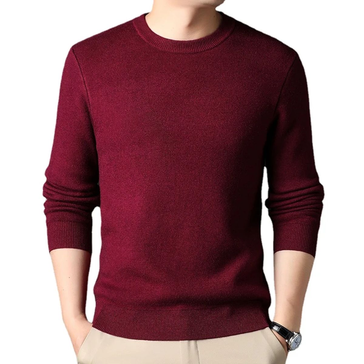 Men’s Solid Color Knitted Crew Neck Lightweight Casual Pullover