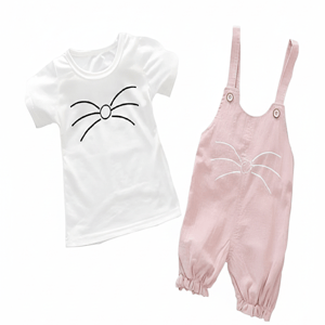 Stylish Girls' Whiskers Shorts Dungaree Set In White/Pink